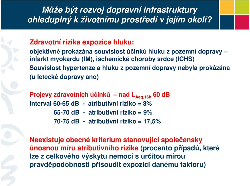 - atributivní riziko = 3% 65-70 db - atributivní riziko = 9% 70-75 db - atributivní riziko = 17,5% Neexistuje obecné kriterium stanovující společensky