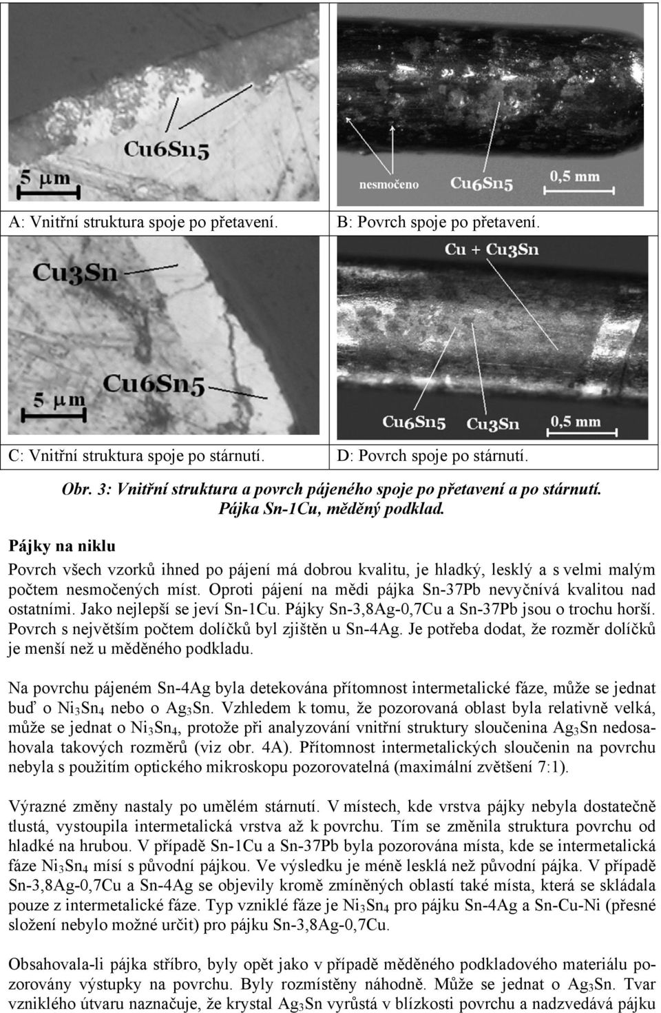 Pájky na niklu Povrch všech vzorků ihned po pájení má dobrou kvalitu, je hladký, lesklý a s velmi malým počtem nesmočených míst. Oproti pájení na mědi pájka Sn-37Pb nevyčnívá kvalitou nad ostatními.