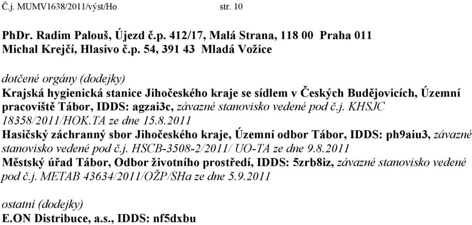 54, 391 43 Mladá Vožice dotčené orgány (dodejky) Krajská hygienická stanice Jihočeského kraje se sídlem v Českých Budějovicích, Územní pracoviště Tábor, IDDS: agzai3c, závazné