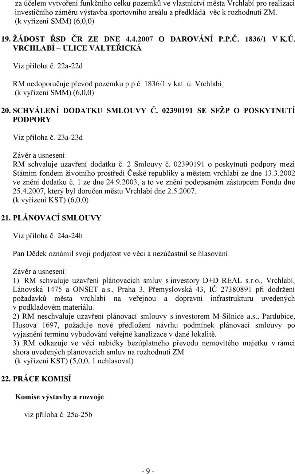 Vrchlabí, (k vyřízení SMM) (6,0,0) 20. SCHVÁLENÍ DODATKU SMLOUVY Č. 02390191 SE SFŽP O POSKYTNUTÍ PODPORY Viz příloha č. 23a-23d RM schvaluje uzavření dodatku č. 2 Smlouvy č.