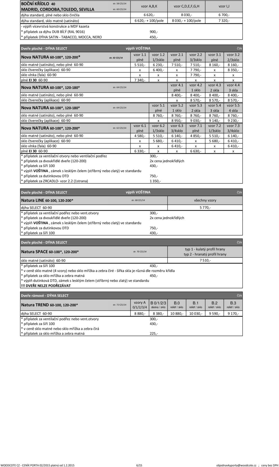 60 CZ1/14 A,B,K 6620,- 6620,- + 100/pole 900,- C,D,E,F,G,H 8030,- 8030,- + 100/pole I,J 6700,- 7320,- * příplatek DÝHA SATIN - TABACCO, MOCCA, NERO 450,- Dveře ploché - DÝHA SELECT výplň VOŠTINA 1.