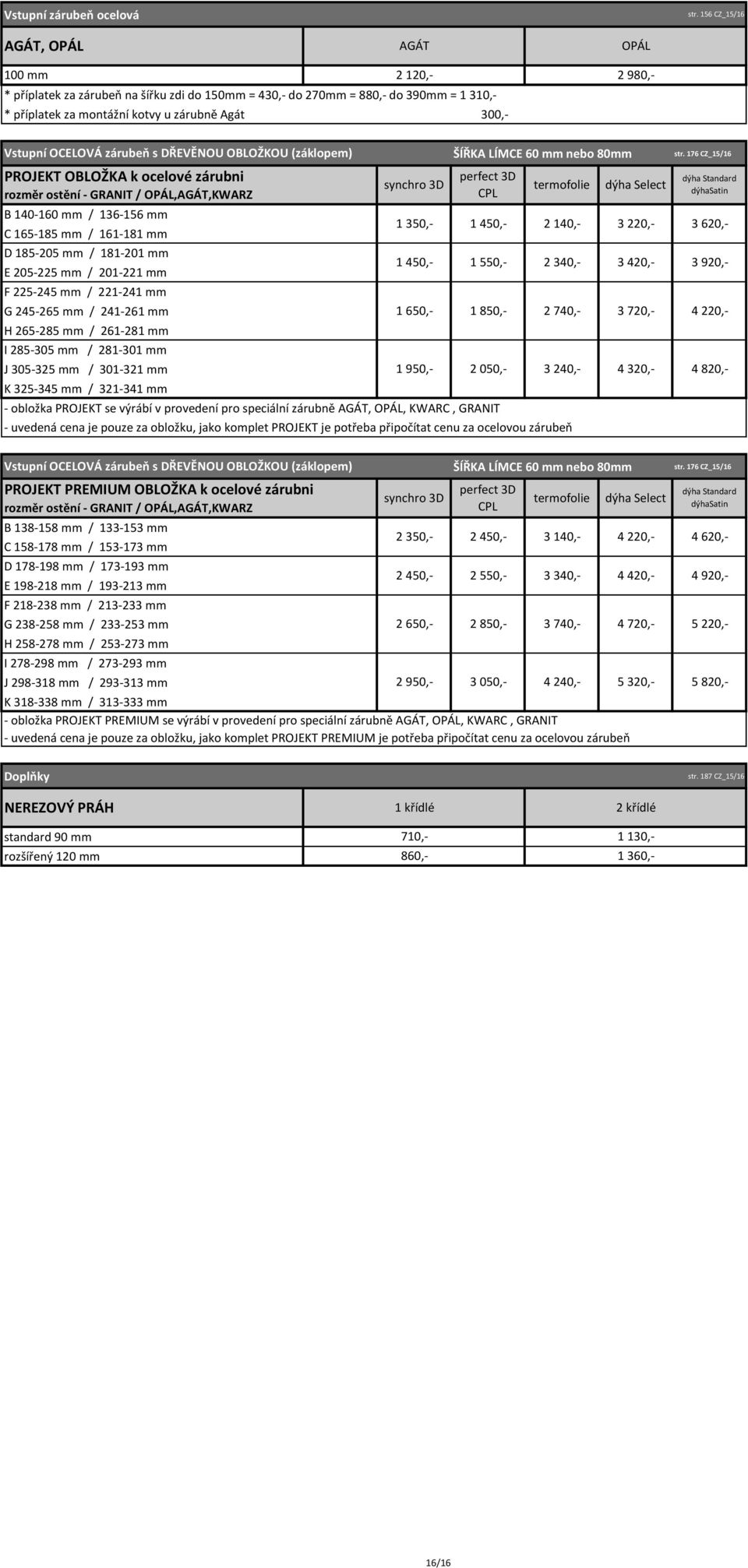 Vstupní OCELOVÁ zárubeň s DŘEVĚNOU OBLOŽKOU (záklopem) PROJEKT OBLOŽKA k ocelové zárubni rozměr ostění - GRANIT / OPÁL,AGÁT,KWARZ B 140-160 mm / 136-156 mm C 165-185 mm / 161-181 mm D 185-205 mm /