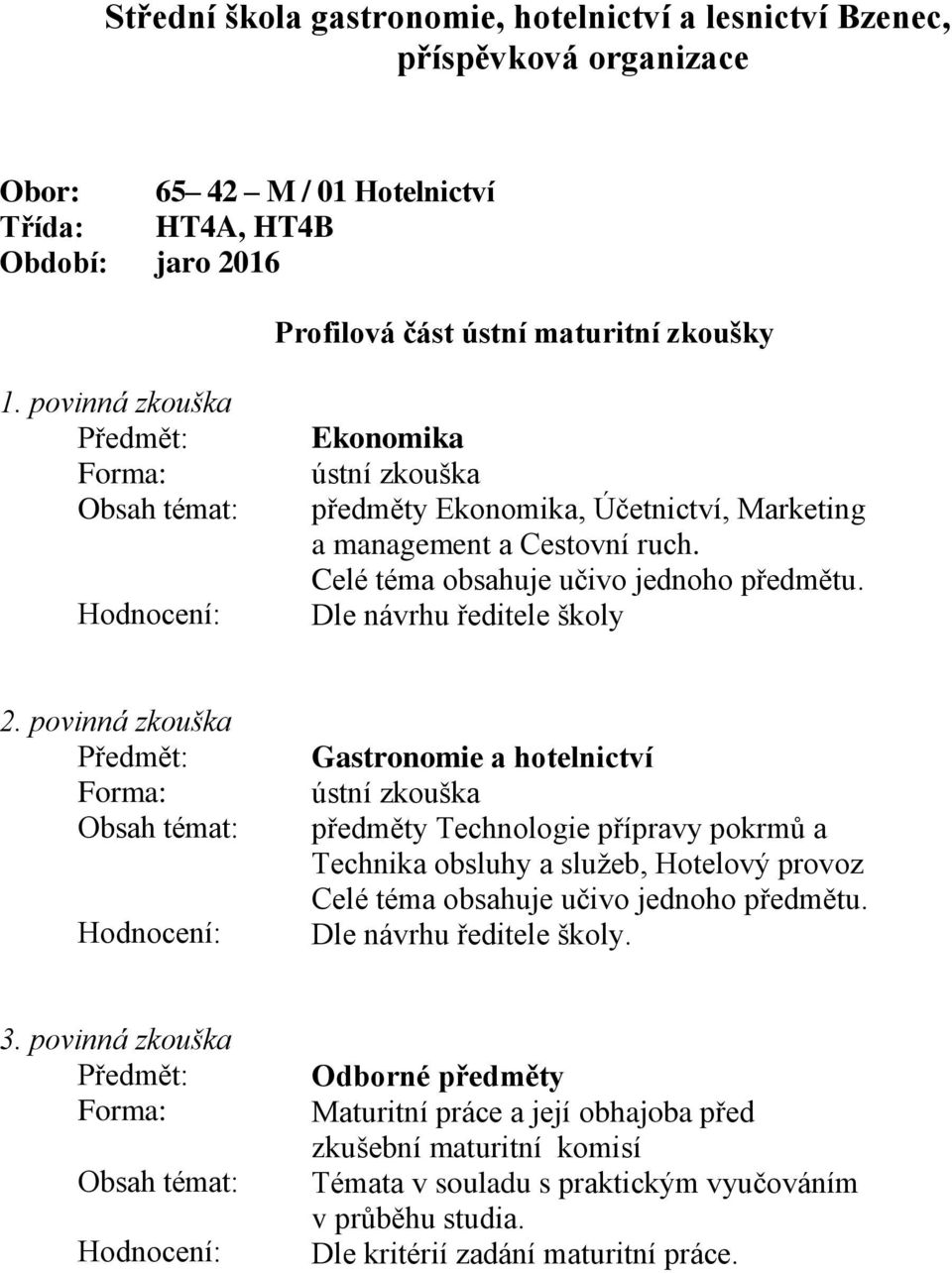 povinná zkouška Gastronomie a hotelnictví ústní zkouška předměty Technologie přípravy pokrmů a Technika obsluhy a služeb, Hotelový provoz Celé téma obsahuje učivo jednoho předmětu.