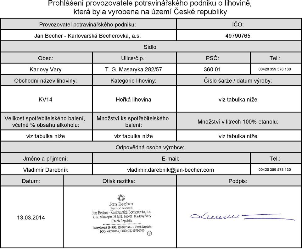 Masaryka 282/57 360 01 00420 359 578 130 Obchodní název lihoviny: Kategorie lihoviny: Číslo šarže / datum výroby: KV14 Hořká lihovina viz tabulka níže Velikost spotřebitelského balení,