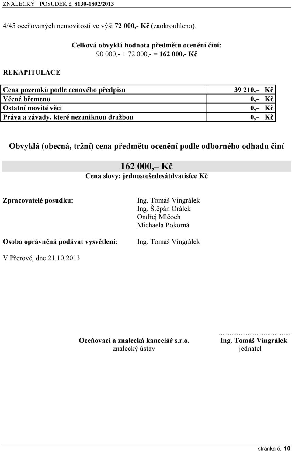 závady, které nezaniknou dražbou 39 210, Kč 0, Kč 0, Kč 0, Kč Obvyklá (obecná, tržní) cena předmětu ocenění podle odborného odhadu činí 162 000, Kč Cena slovy: