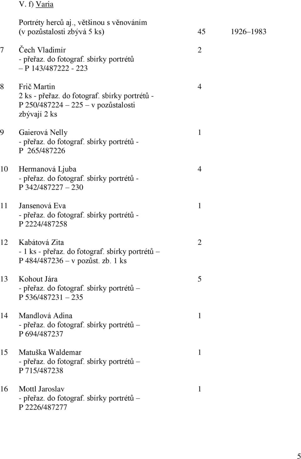 do fotograf. sbírky portrétů - P 265/487226 10 Hermanová Ljuba 4 - přeřaz. do fotograf. sbírky portrétů - P 342/487227 230 11 Jansenová Eva 1 - přeřaz. do fotograf. sbírky portrétů - P 2224/487258 12 Kabátová Zita 2-1 ks P 484/487236 v pozůst.