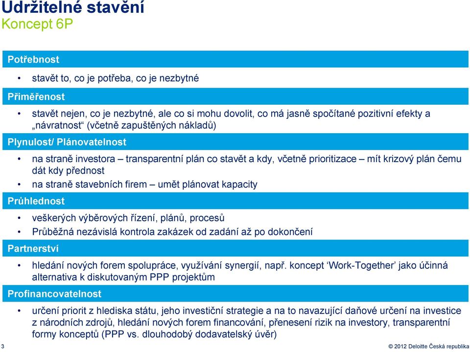 plánovat kapacity Průhlednost veškerých výběrových řízení, plánů, procesů Průběžná nezávislá kontrola zakázek od zadání až po dokončení Partnerství hledání nových forem spolupráce, využívání