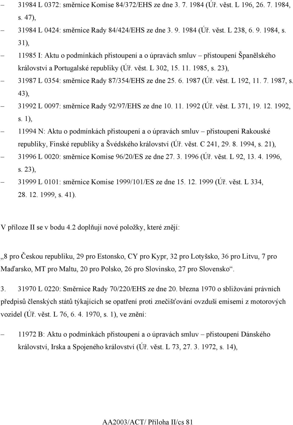 31), 11985 I: Aktu o podmínkách přistoupení a o úpravách smluv přistoupení Španělského království a Portugalské republiky (Úř. věst. L 302, 15. 11. 1985, s.