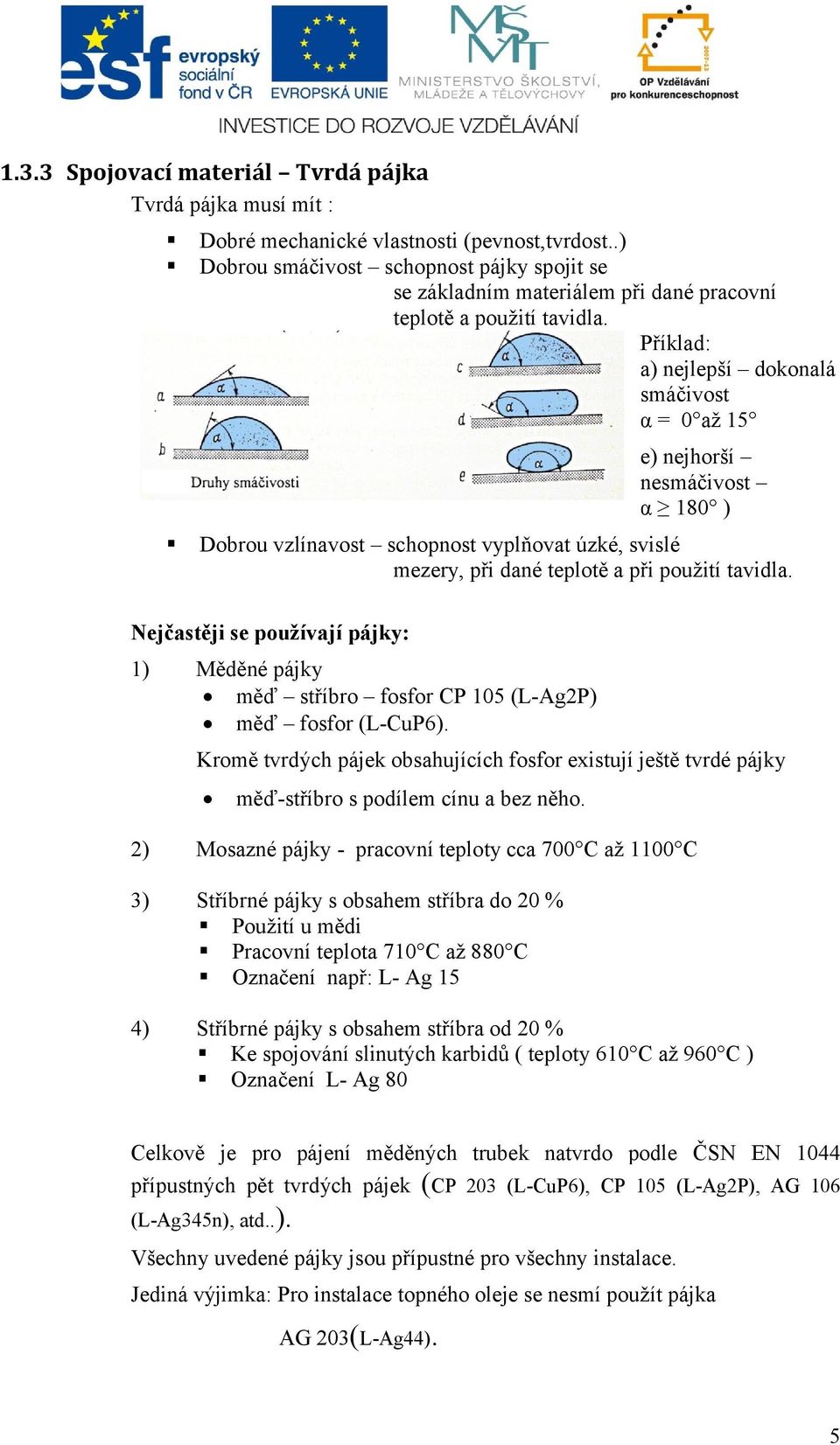 Příklad: a) nejlepší dokonalá smáčivost α = 0 až 15 e) nejhorší nesmáčivost α 180 ) Dobrou vzlínavost schopnost vyplňovat úzké, svislé mezery, při dané teplotě a při použití tavidla.