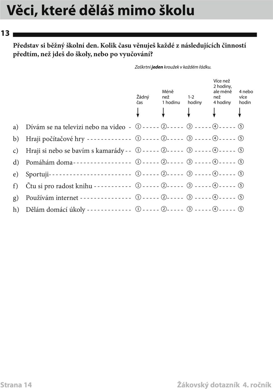 hry-------------- 1 ----- 2----- 3------4----- 5 c) Hraji si nebo se bavím s kamarády -- 1 ----- 2----- 3------4----- 5 d) Pomáhám doma----------------- 1 ----- 2----- 3------4----- 5 e)