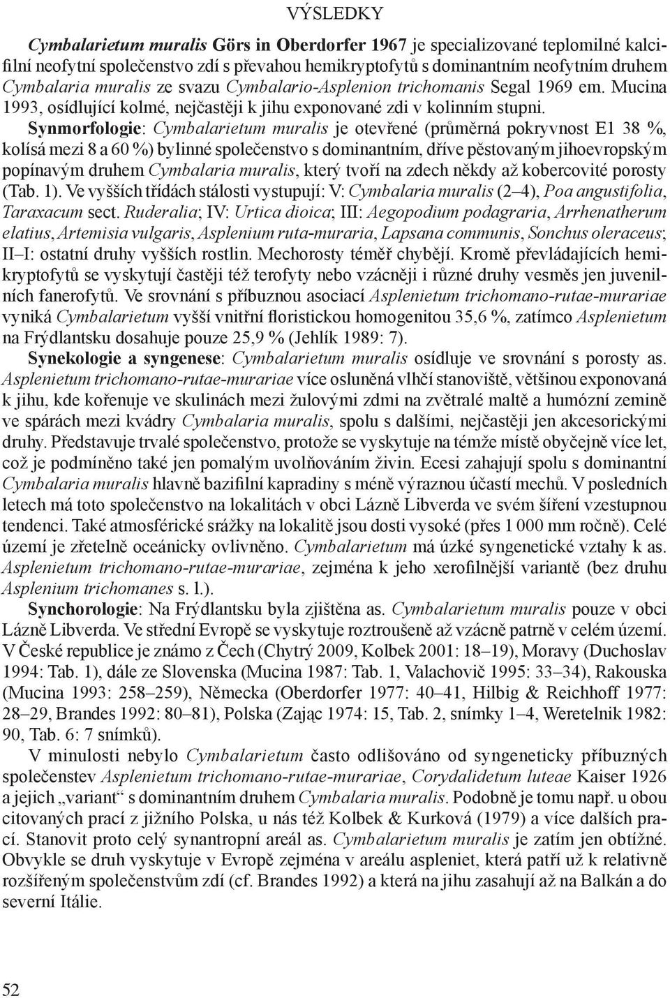 Synmorfologie: Cymbalarietum muralis je otevřené (průměrná pokryvnost E1 38 %, kolísá mezi 8 a 60 %) bylinné společenstvo s dominantním, dříve pěstovaným jihoevropským popínavým druhem Cymbalaria