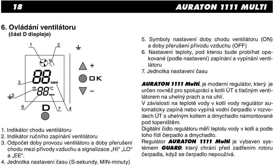 Symboly nastavení doby chodu ventilátoru (ON) a doby přerušení přívodu vzduchu (OFF) 6. Nastavení teploty, pod kterou bude probíhat opakované (podle nastavení) zapínání a vypínání ventilátoru 7.