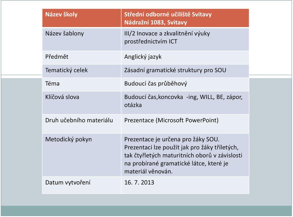 čas,koncovka -ing, WILL, BE, zápor, otázka Prezentace (Microsoft PowerPoint) Metodický pokyn Datum vytvoření 16. 7.