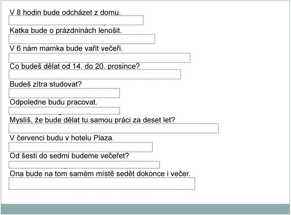 Odpoledne budu pracovat. I will be working in the afternoon. Myslíš, že bude dělat tu samou práci za deset let? Do you think he will be doing the same job in ten years time?