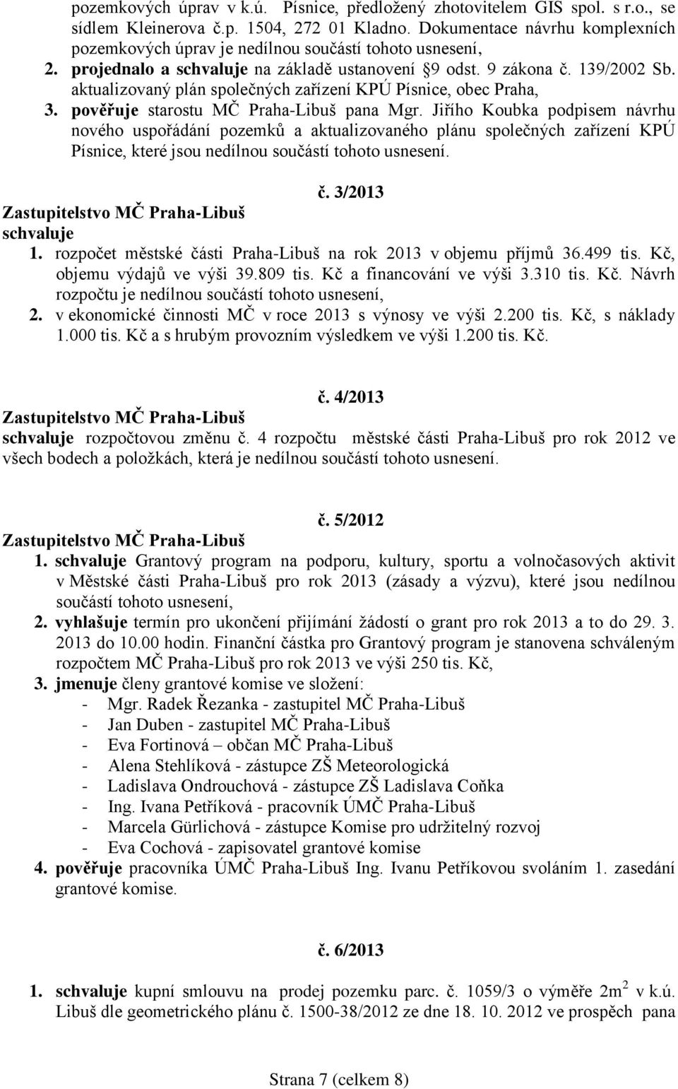 aktualizovaný plán společných zařízení KPÚ Písnice, obec Praha, 3. pověřuje starostu MČ Praha-Libuš pana Mgr.