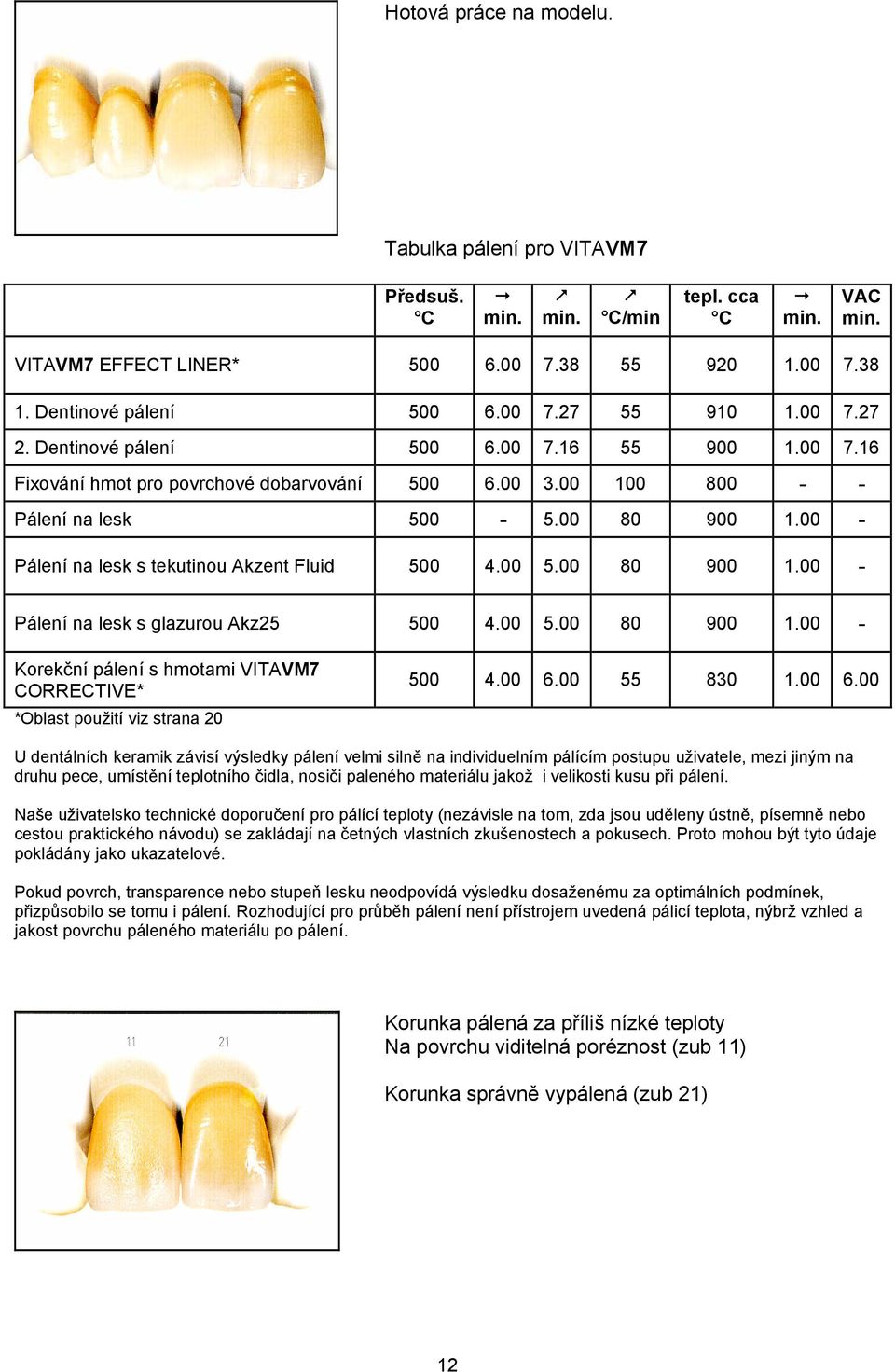 00 5.00 80 900 1.00 - Pálení na lesk s glazurou Akz25 500 4.00 5.00 80 900 1.00 - Korekční pálení s hmotami VITAVM7 CORRECTIVE* *Oblast použití viz strana 20 500 4.00 6.