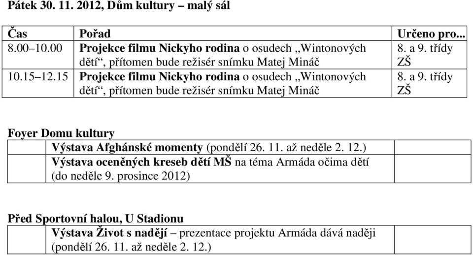 15 Projekce filmu Nickyho rodina o osudech Wintonových dětí, přítomen bude režisér snímku Matej Mináč 8. a 9.