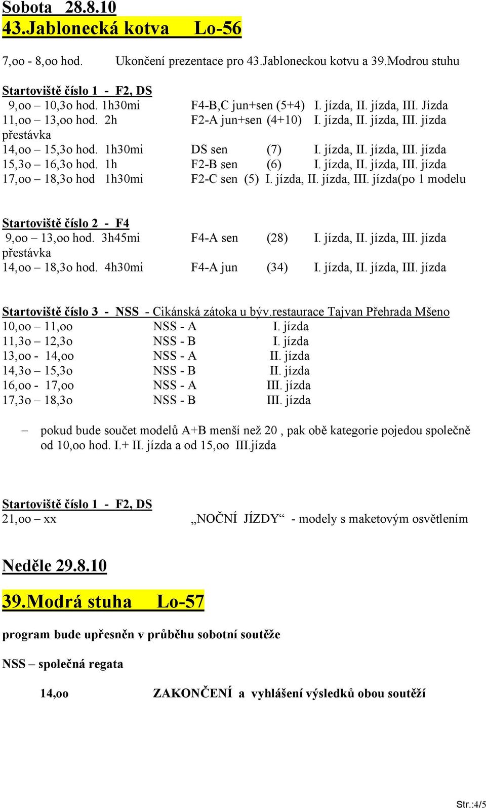 1h F2-B sen (6) I. jízda, II. jízda, III. jízda 17,oo 18,3o hod 1h30mi F2-C sen (5) I. jízda, II. jízda, III. jízda(po 1 modelu Startoviště číslo 2 - F4 9,oo 13,oo hod. 3h45mi F4-A sen (28) I.