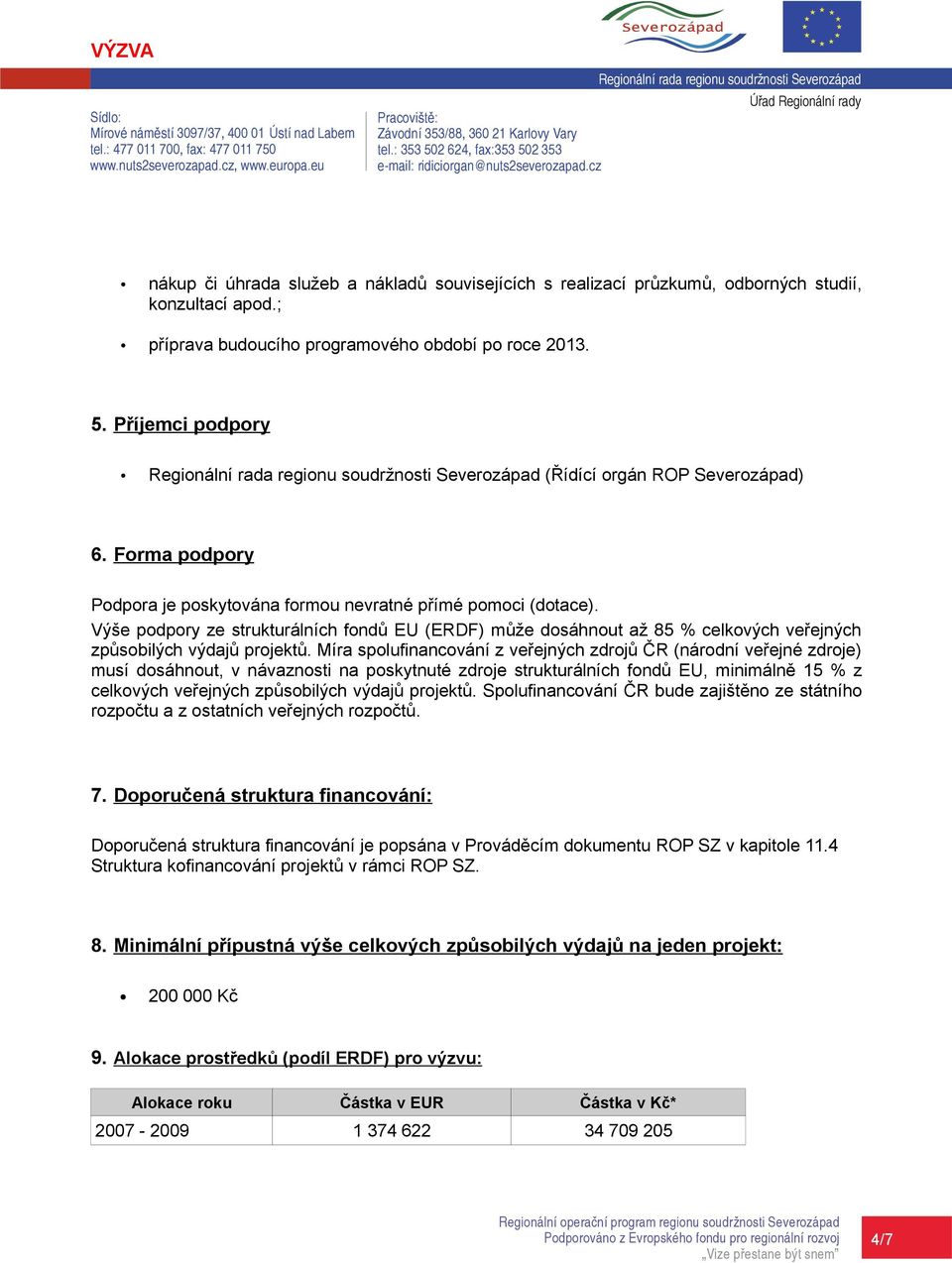 Výše podpory ze strukturálních fondů EU (ERDF) může dosáhnout až 85 % celkových veřejných způsobilých výdajů projektů.