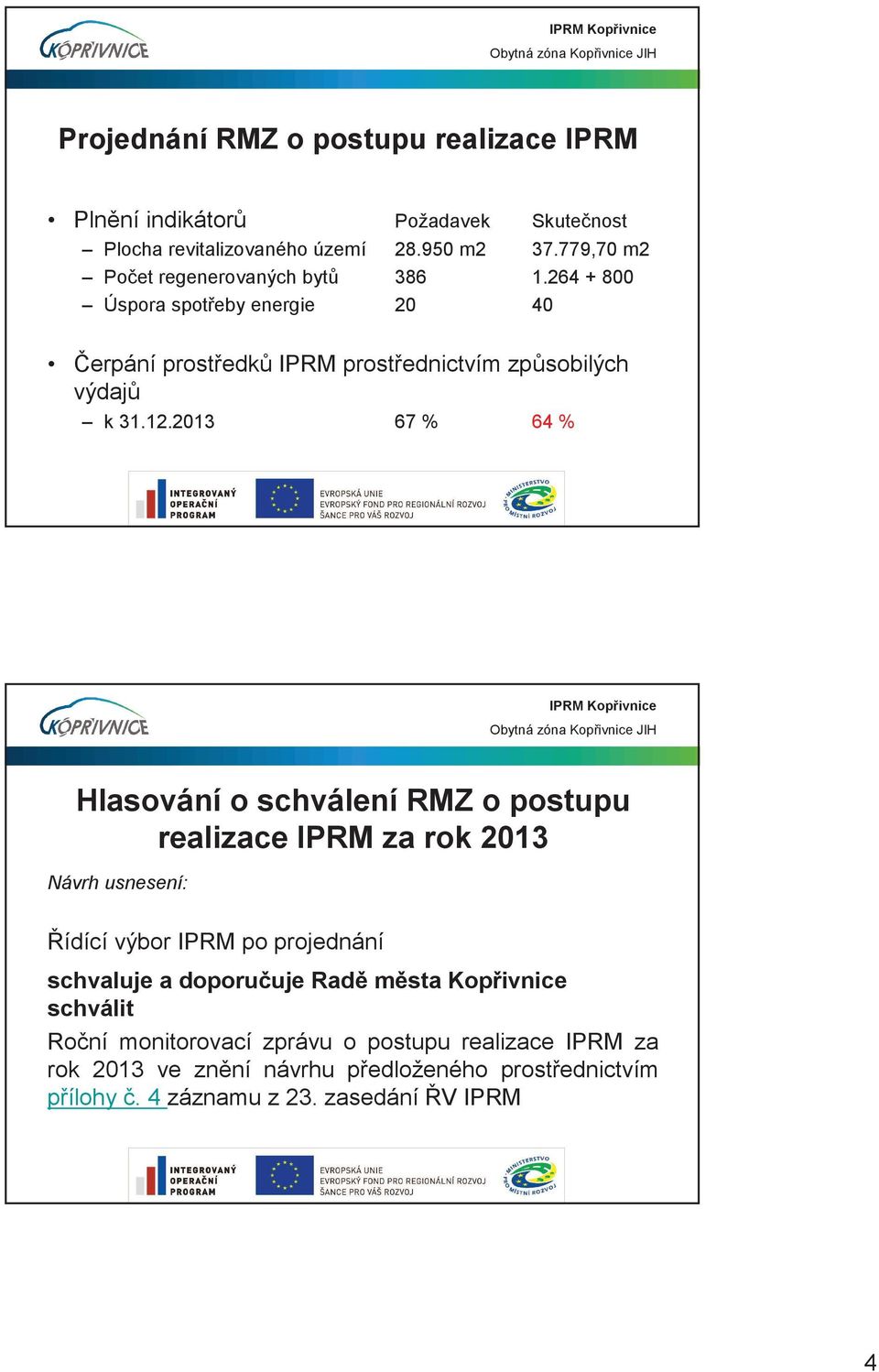 2013 67 % 64 % IPRM Kopivnice Obytná zóna Kopivnice JIH Hlasování o schválení RMZ o postupu realizace IPRM za rok 2013 Návrh usnesení: ídící výbor IPRM po