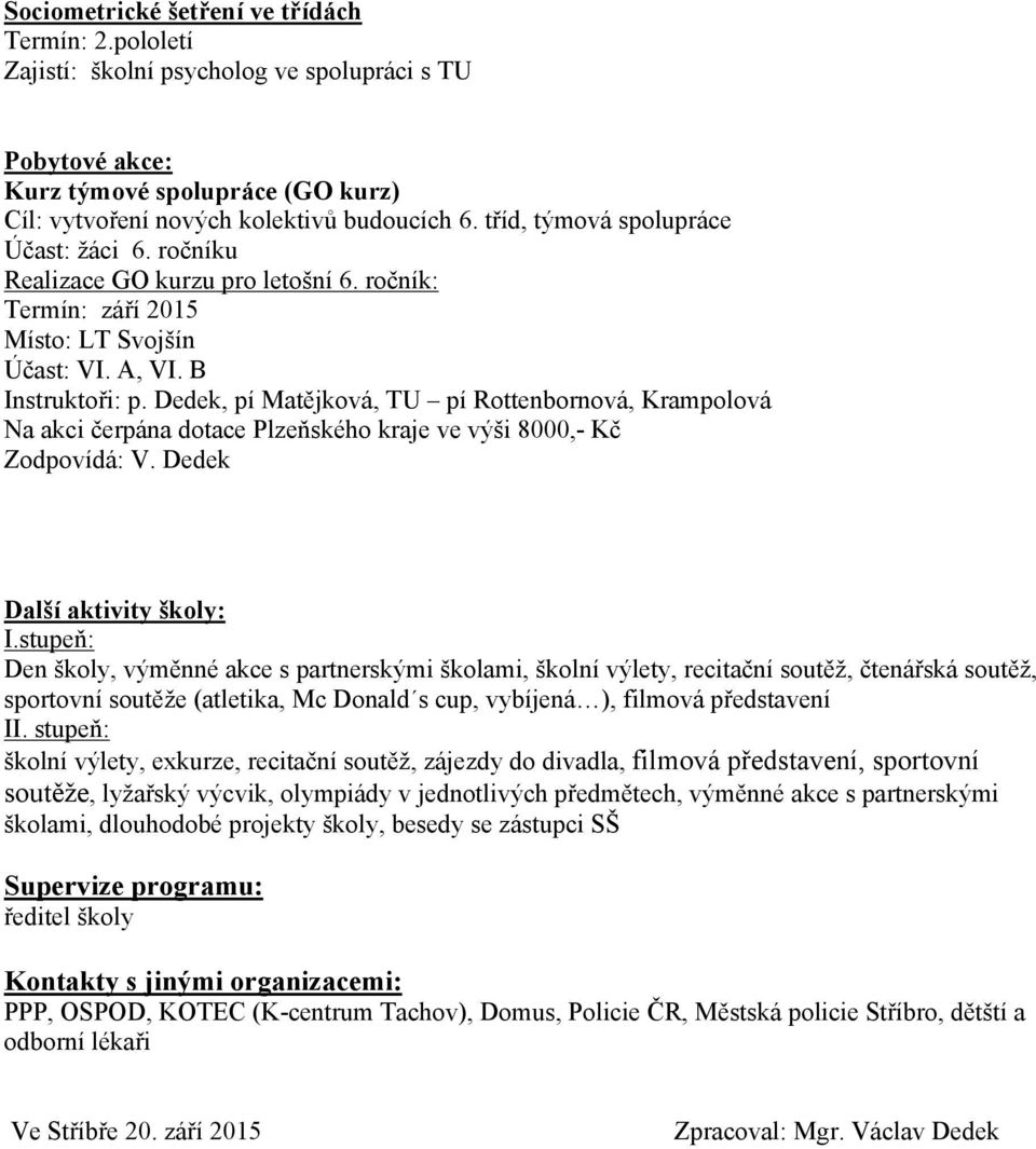 Dedek, pí Matějková, TU pí Rottenbornová, Krampolová Na akci čerpána dotace Plzeňského kraje ve výši 8000,- Kč Zodpovídá: V. Dedek Další aktivity školy: I.