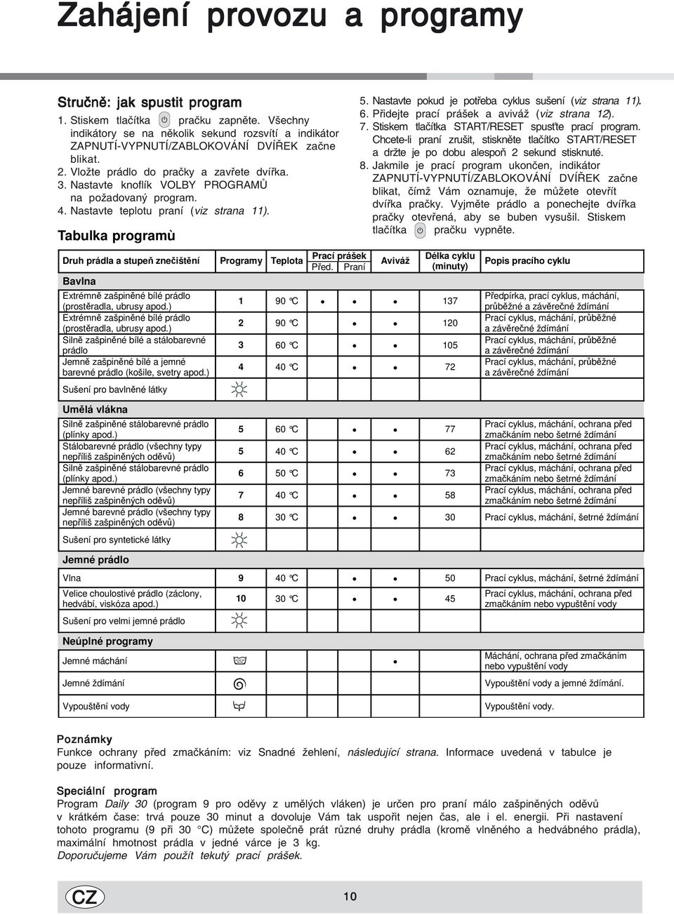 Nastavte knoflík VOLBY PROGRAMŮ na požadovaný program. 4. Nastavte teplotu praní (viz strana 11).