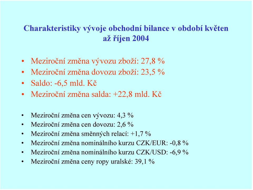 Kč Meziroční změna cen vývozu: 4,3 % Meziroční změna cen dovozu: 2,6 % Meziroční změna směnných relací: +1,7 %