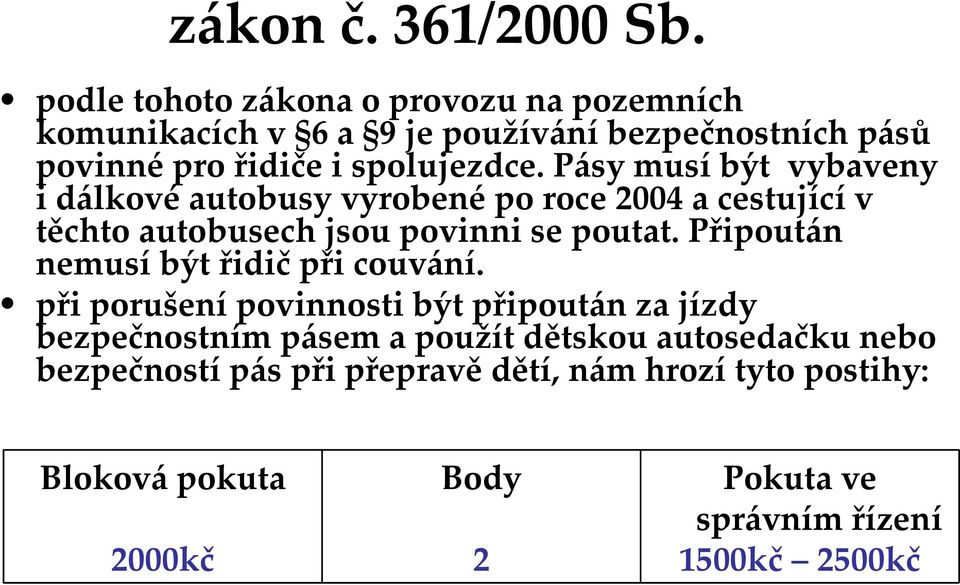 Pásy musí být vybaveny i dálkové autobusy vyrobené po roce 2004 a cestující v těchto autobusech jsou povinni se poutat.