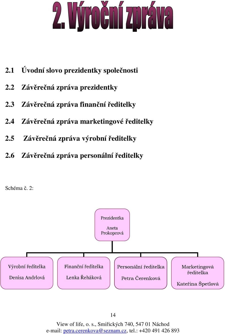 5 Závěrečná zpráva výrobní ředitelky 2.6 Závěrečná zpráva personální ředitelky Schéma č.