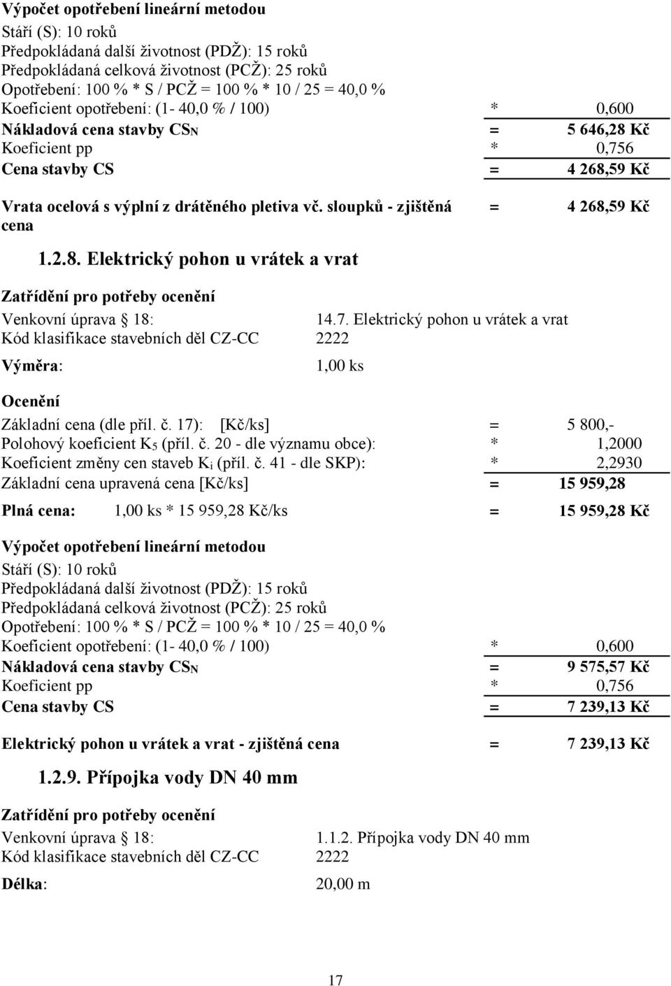 sloupků - zjištěná cena = 4 268,59 Kč 1.2.8. Elektrický pohon u vrátek a vrat Zatřídění pro potřeby ocenění Venkovní úprava 18: 14.7.