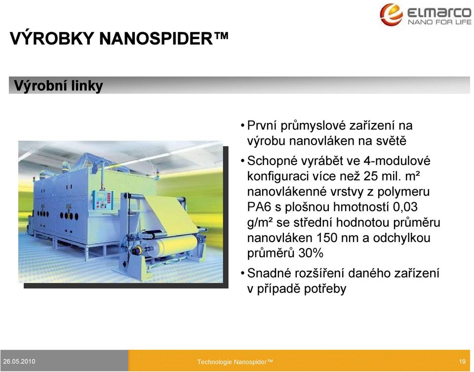 m² nanovlákenné vrstvy z polymeru PA6 s plošnou hmotností 0,03 g/m² se střední hodnotou