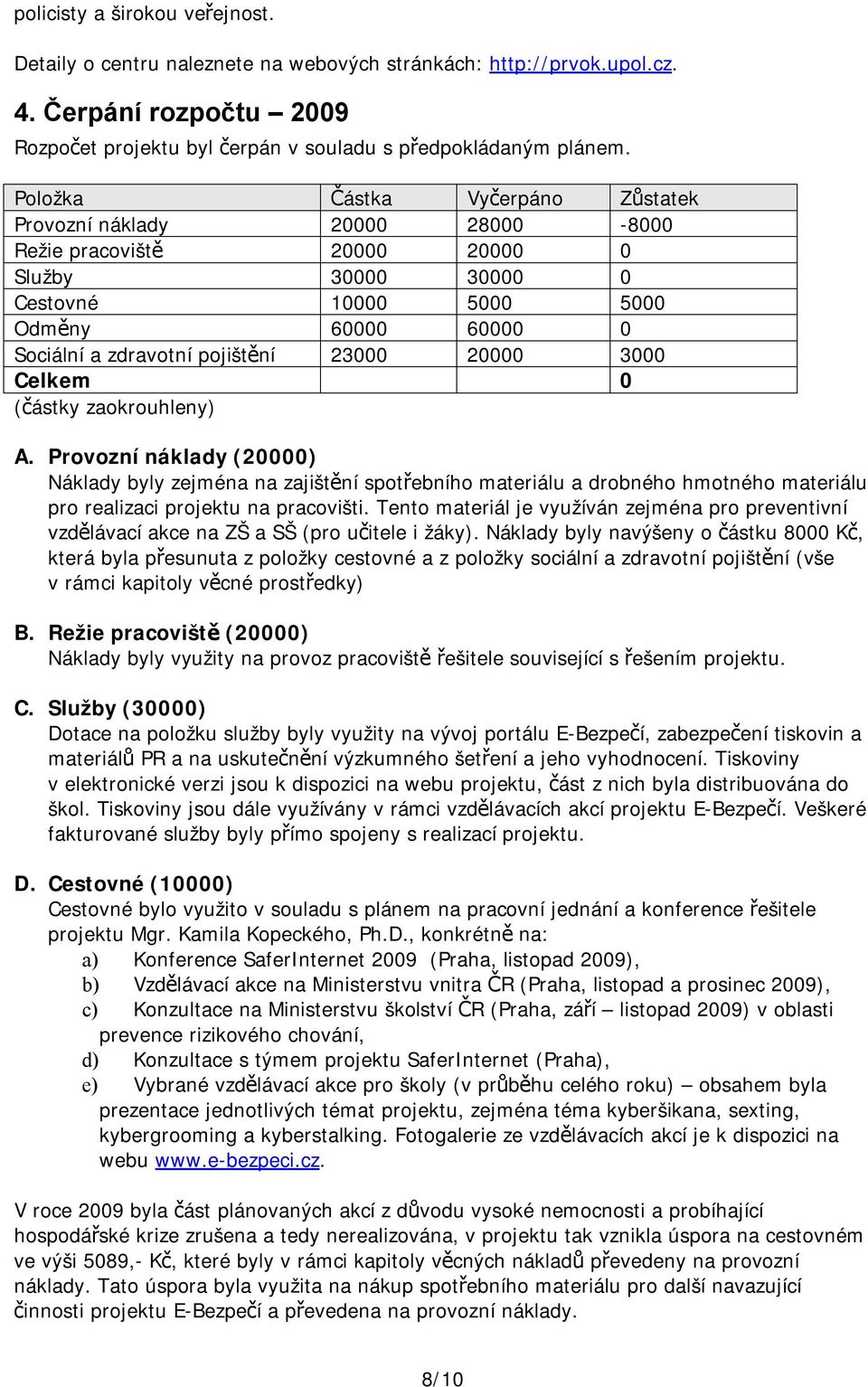 23000 20000 3000 Celkem 0 (částky zaokrouhleny) A. Provozní náklady (20000) Náklady byly zejména na zajištění spotřebního materiálu a drobného hmotného materiálu pro realizaci projektu na pracovišti.
