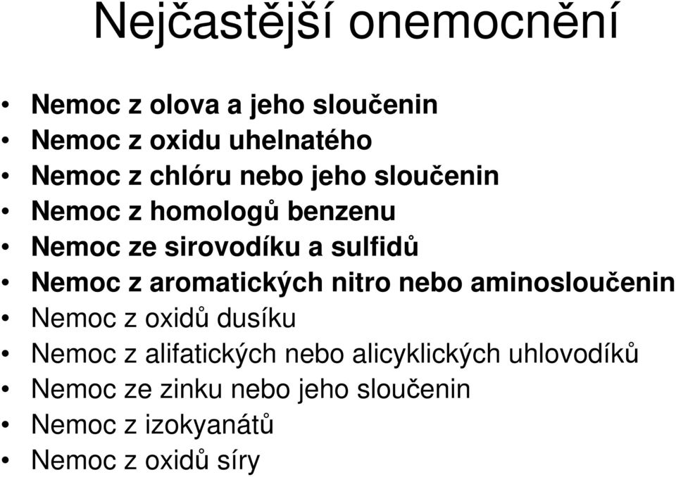 aromatických nitro nebo aminosloučenin Nemoc z oxidů dusíku Nemoc z alifatických nebo