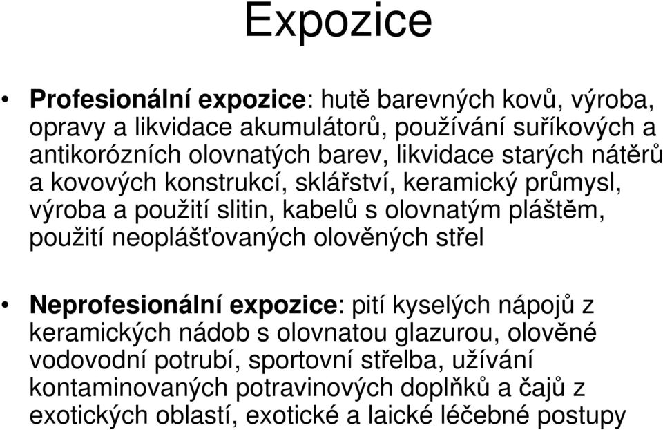 pláštěm, použití neoplášťovaných olověných střel Neprofesionální expozice: pití kyselých nápojů z keramických nádob s olovnatou glazurou,