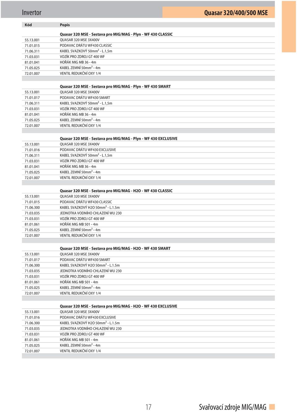 13.001 QUASAR 320 MSE 3X400V 71.01.017 PODAVAC DRÁTU WF430 SMART 71.06.311 KABEL SVAZKOVÝ 50mm² - L.1,5m 71.03.031 VOZÍK PRO ZDROJ GT 400 WF 81.01.041 HOŘÁK MIG MB 36-4m 71.05.