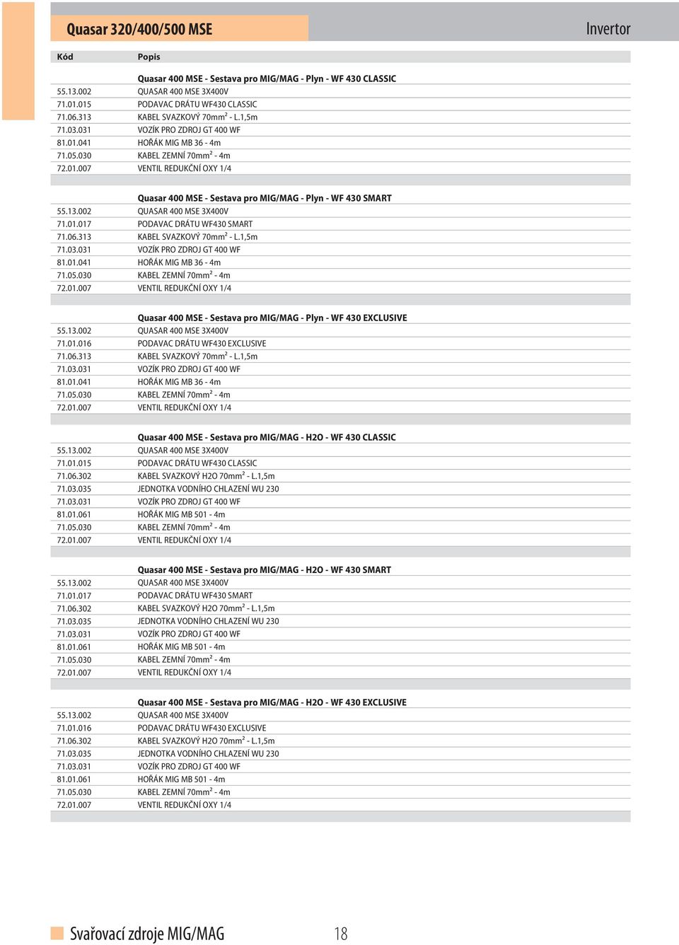 13.002 QUASAR 400 MSE 3X400V 71.01.017 PODAVAC DRÁTU WF430 SMART 71.06.313 KABEL SVAZKOVÝ 70mm² - L.1,5m 71.03.031 VOZÍK PRO ZDROJ GT 400 WF 81.01.041 HOŘÁK MIG MB 36-4m 71.05.