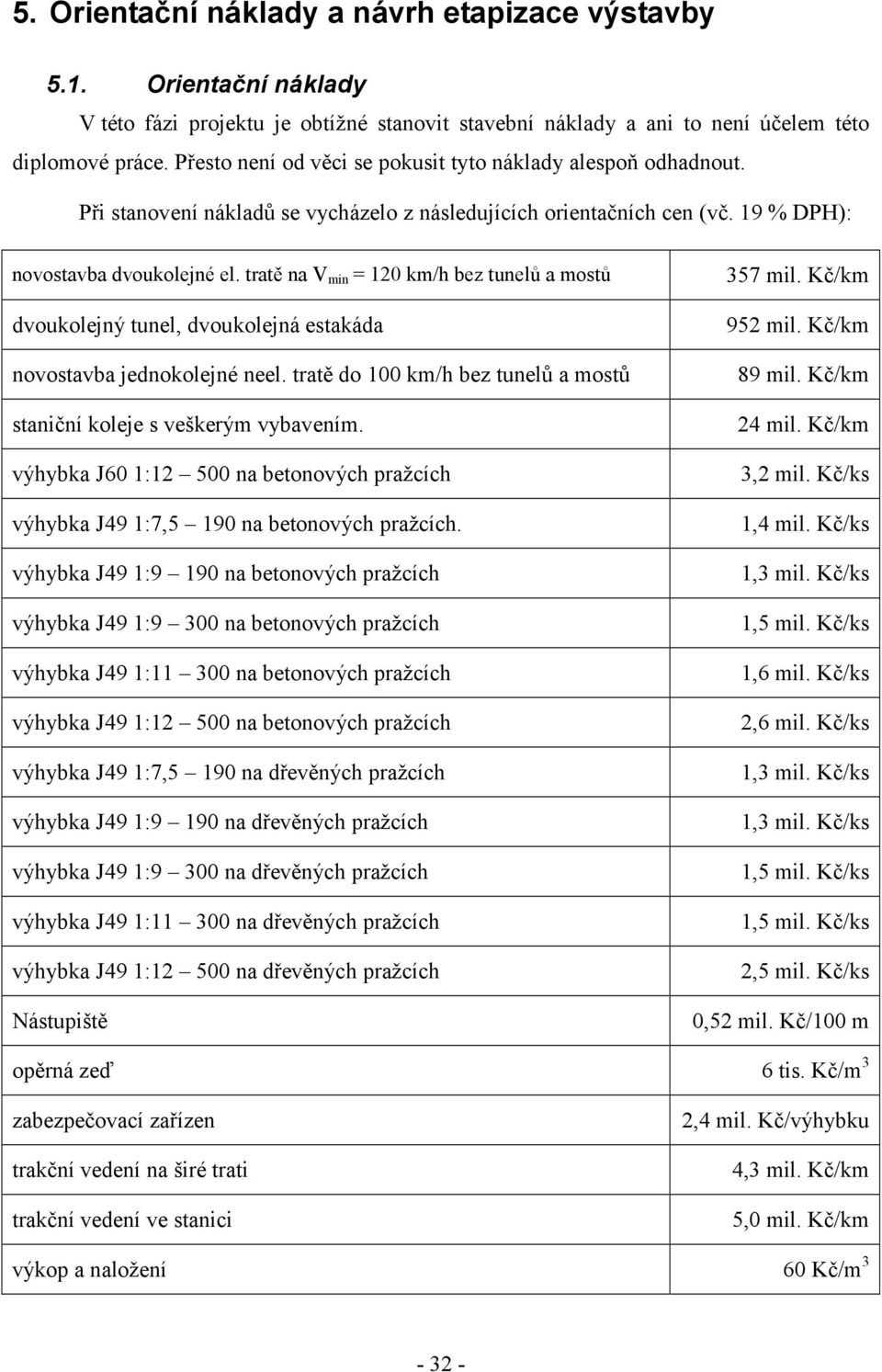 tratě na V min = 120 km/h bez tunelů a mostů dvoukolejný tunel, dvoukolejná estakáda novostavba jednokolejné neel. tratě do 100 km/h bez tunelů a mostů staniční koleje s veškerým vybavením.