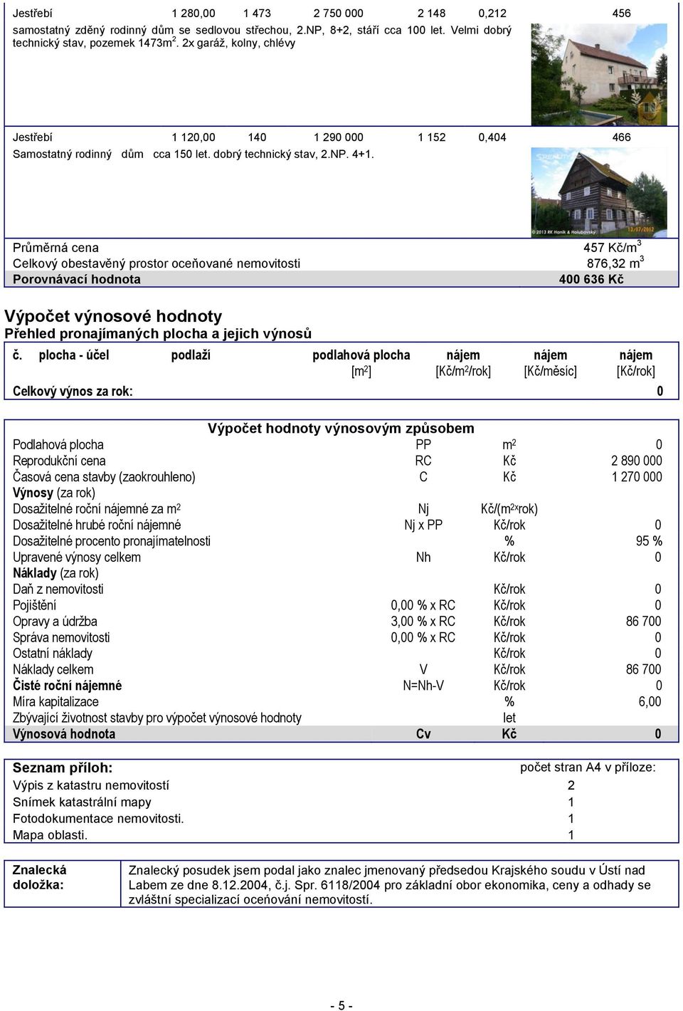 Průměrná cena 457 Kč/m 3 Celkový obestavěný prostor oceňované nemovitosti 876,32 m 3 Porovnávací hodnota 400 636 Kč Výpočet výnosové hodnoty Přehled pronajímaných plocha a jejich výnosů č.