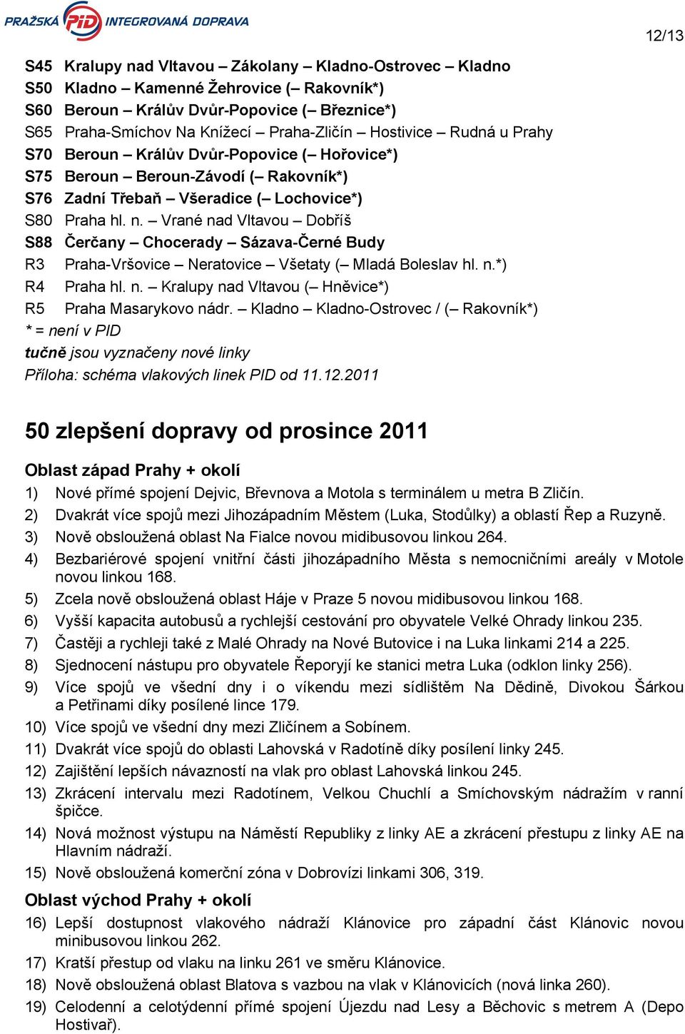 Vrané nad Vltavou Dobříš S88 Čerčany Chocerady Sázava-Černé Budy R3 Praha-Vršovice Neratovice Všetaty ( Mladá Boleslav hl. n.*) R4 Praha hl. n. Kralupy nad Vltavou ( Hněvice*) R5 Praha Masarykovo nádr.