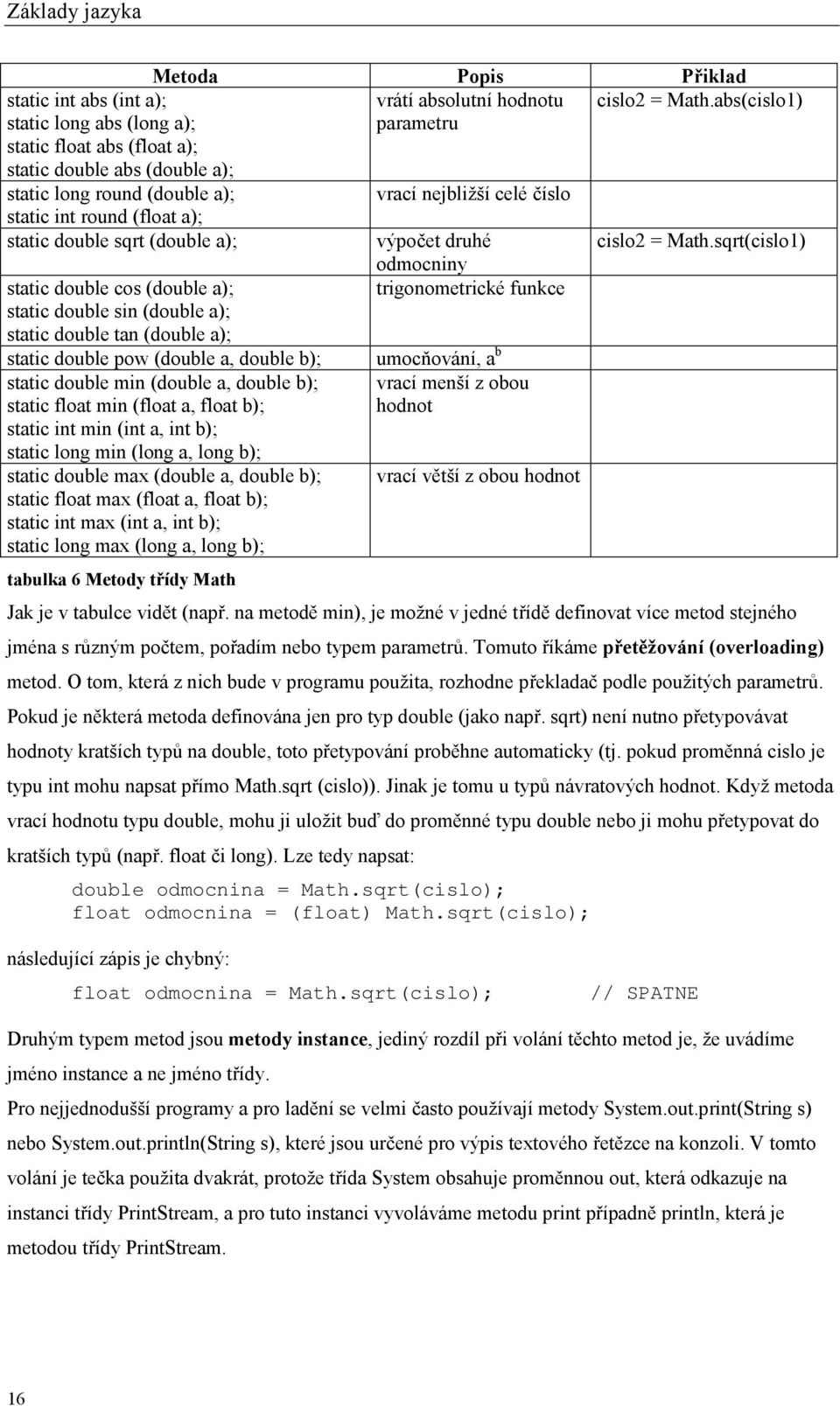 double sqrt (double a); výpočet druhé cislo2 = Math.