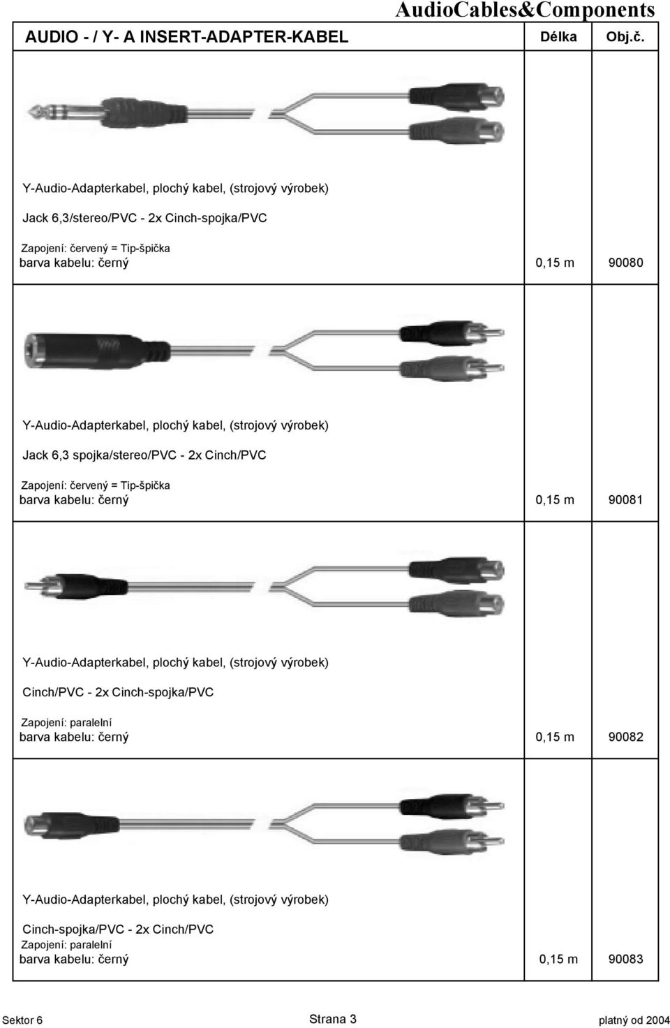Y-Audio-Adapterkabel, plochý kabel, (strojový výrobek) Jack 6,3 spojka/stereo/pvc - 2x Cinch/PVC Zapojení: $ervený = Tip-špi$ka barva kabelu: $erný 0,15 m 90081