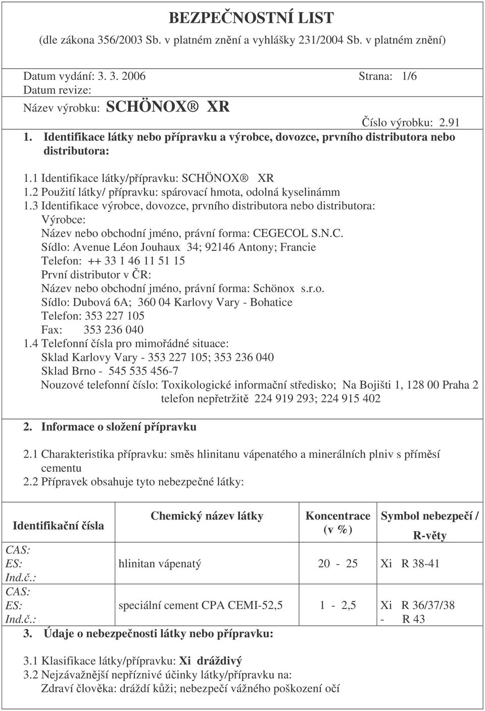 2 Použití látky/ pípravku: spárovací hmota, odolná kyselinámm 1.3 Identifikace výrobce, dovozce, prvního distributora nebo distributora: Výrobce: Název nebo obchodní jméno, právní forma: CE