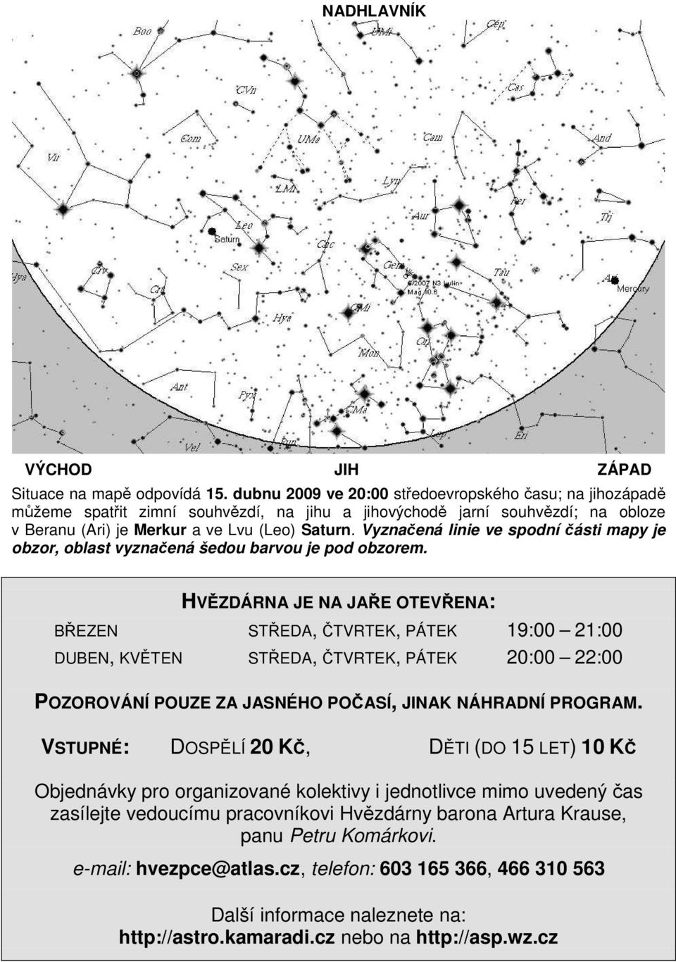 Vyznačená linie ve spodní části mapy je obzor, oblast vyznačená šedou barvou je pod obzorem.