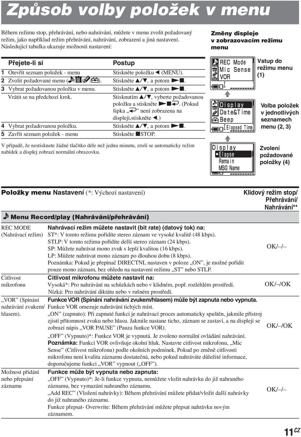 2 Zvolit požadované menu ( / / / ). Stiskněte v/v, a potom Nx. 3 Vybrat požadovanou položku v menu. Stiskněte v/v, a potom Nx. Vrátit se na předchozí krok.