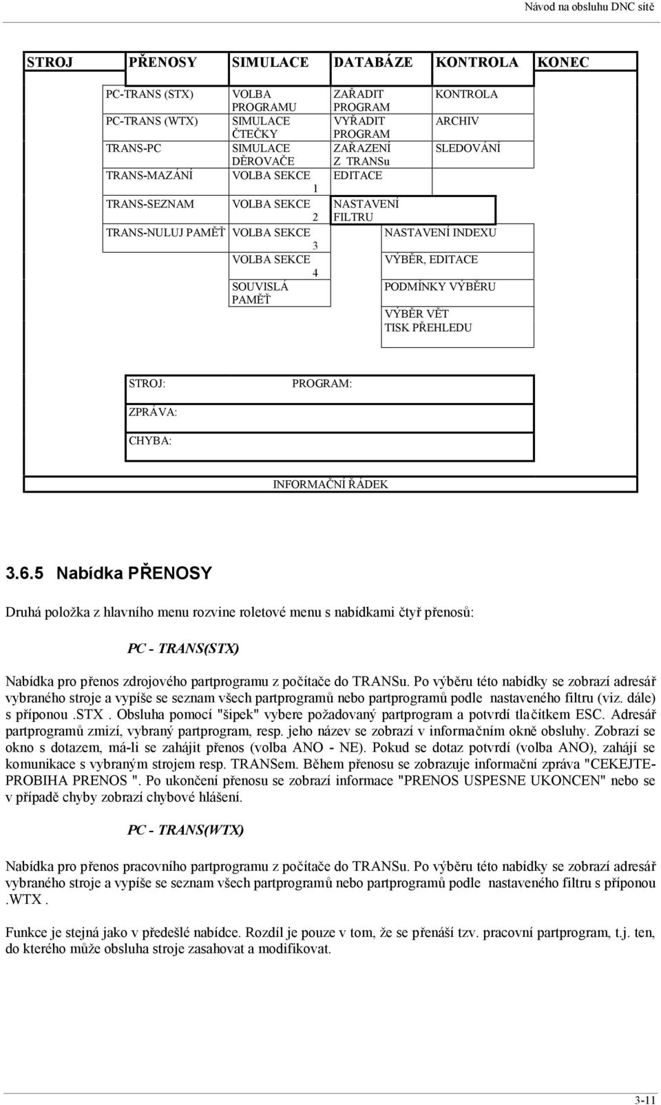 INDEXU VÝBĚR, EDITACE PODMÍNKY VÝBĚRU VÝBĚR VĚT TISK PŘEHLEDU STROJ: PROGRAM: ZPRÁVA: CHYBA: INFORMAČNÍ ŘÁDEK 3.6.