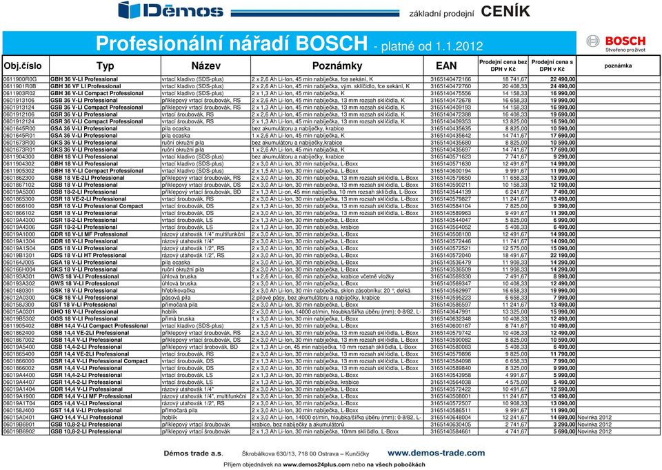 sklíčidlo, fce sekání, K 3165140472760 20 408,33 24 490,00 0611903R02 GBH 36 V-LI Compact Professional vrtací kladivo (SDS-plus) 2 x 1,3 Ah Li-Ion, 45 min nabíječka, K 3165140475556 14 158,33 16