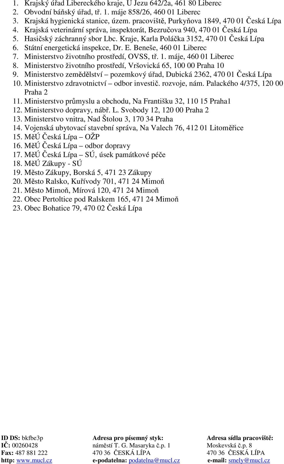 Kraje, Karla Poláčka 3152, 470 01 Česká Lípa 6. Státní energetická inspekce, Dr. E. Beneše, 460 01 Liberec 7. Ministerstvo životního prostředí, OVSS, tř. 1. máje, 460 01 Liberec 8.