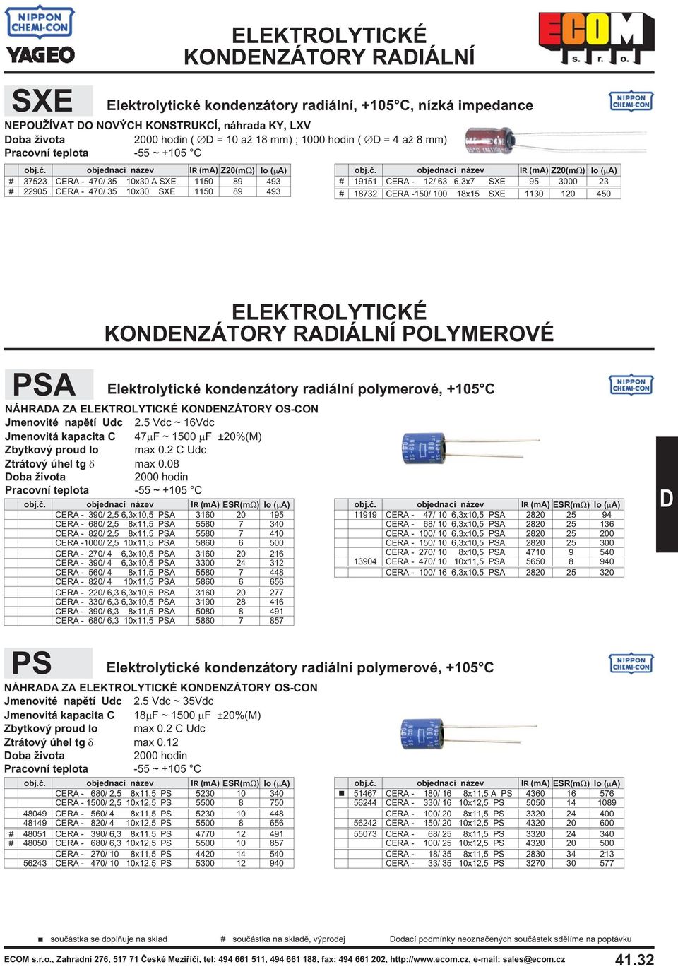 1 SXE 1130 120 450 KONENZÁTORY RAIÁLNÍ POLYMEROVÉ PSA Elektrolytické kondenzátory radiální polymerové, +105 C NÁHRAA ZA KONENZÁTORY OS-CON Jmenovité napìtí Udc 2.