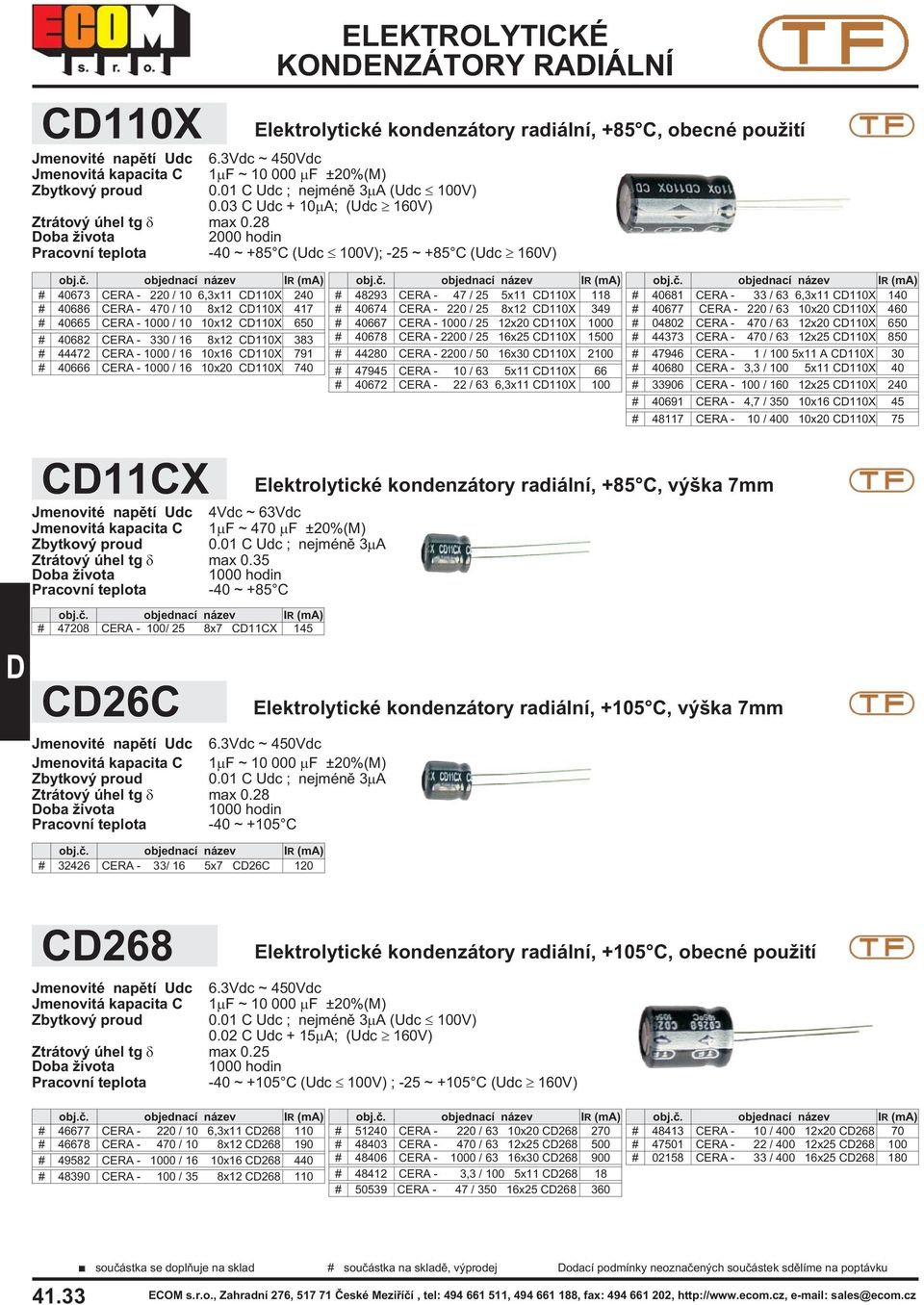 28 2000 hodin Pracovní teplota -40 ~ +85 C (Udc 100V); -25 ~ +85 C (Udc 160V) # 40673 CERA - 220 / 10 6,3x11 C110X 240 # 40686 CERA - 470 / 10 8x12 C110X 417 # 40665 CERA - 1000 / 10 C110X 650 #