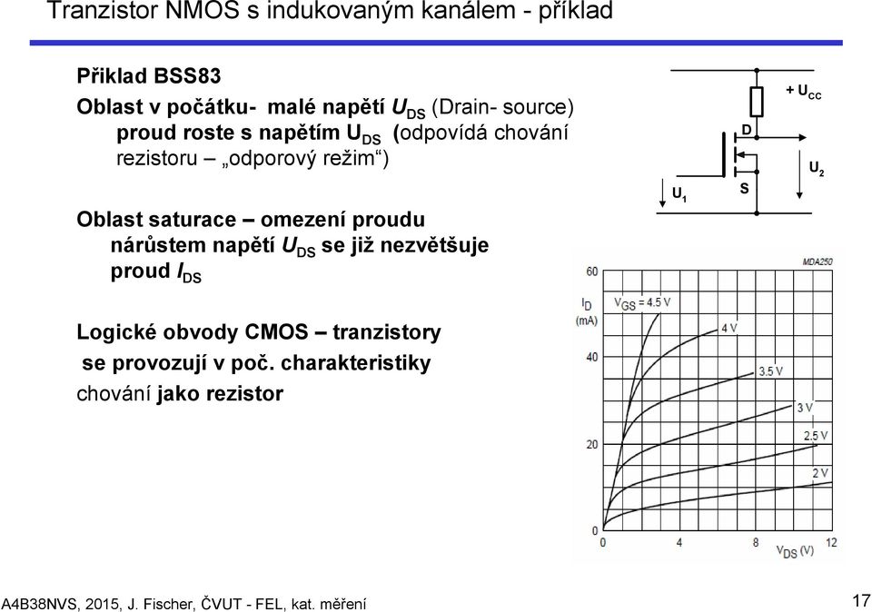 proudu nárůstem napětí U DS se již nezvětšuje proud I DS U 1 D S + U CC U 2 Logické obvody CMOS tranzistory
